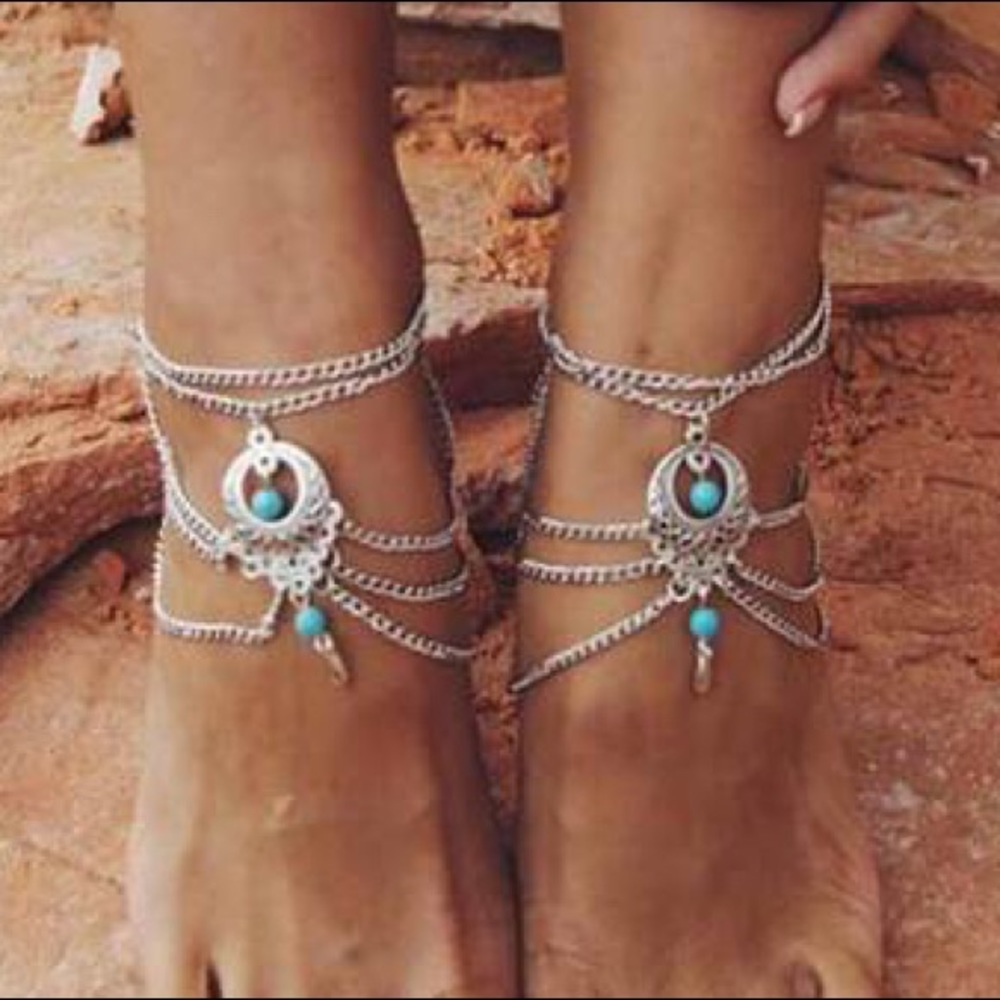Silver Boho Ankle Foot Turquoise Chain Jewelry 1PC - Picture 2 of 2